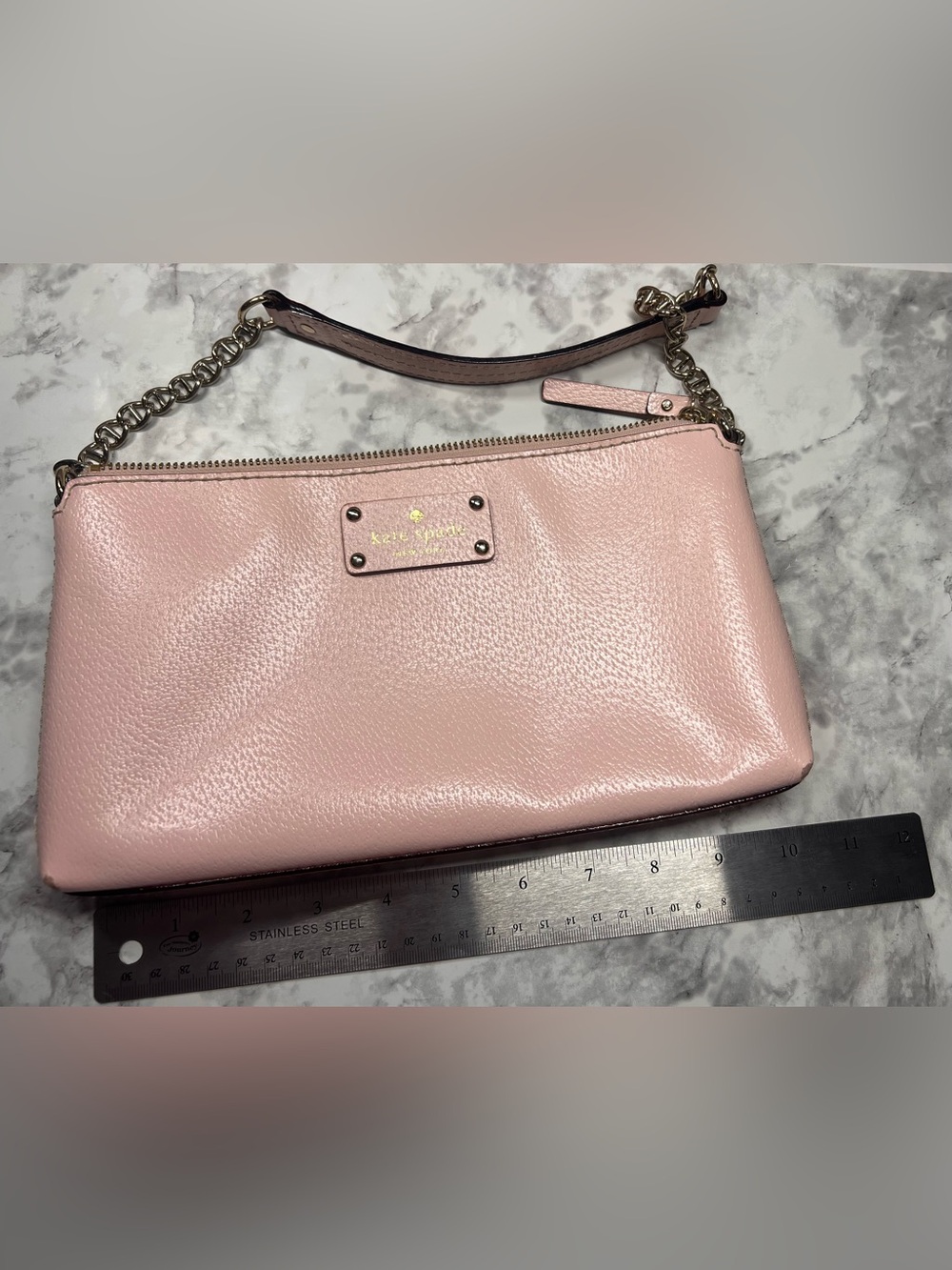 kate spade Pale Pink Pebbled Leather Wristlet with Chain Strap